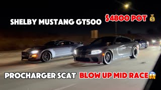 Shelby mustang GT500 vs Procharger Scat BLOW UP MID RACE racing mexico drama shelby scat srt [upl. by Ylrahc861]