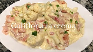 Rico coliflor a la crema con tocino y queso rápido y fácil de hacer y sin horno [upl. by Nadabus]