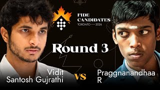 Round 3  Vidit Gujrathi  Praggnanandhaa R  FIDE Candidates 2024 [upl. by Ahsienot956]