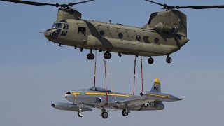 US CH47 Chinook Lifts Classic Fighter Jet Heavy Delivery  The World’s Most Iconic Helicopter [upl. by Naitsihc]