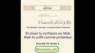 ‎وَتَوَكَّلْ عَلَى اللَّهِ وَكَفَى بِاللَّهِ وَكِيلًا‎ Sourate 33 verset 3 [upl. by Fedak]