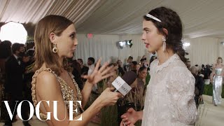 Margaret Qualley Took Her Gala Inspiration From Chanel  Met Gala 2021 With Emma Chamberlain  Vogue [upl. by Cherri]