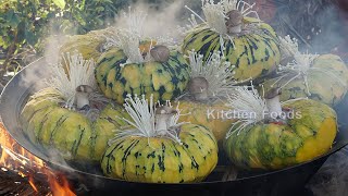 Cooking amp Steaming Beef amp Fish with Pleurotus Eryngii amp Enokitake in Pumpkin Recipe  Donation Food [upl. by Dionisio]