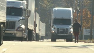 Dozens of trucks at a standstill outside Walmart Distribution Center in Lewiston [upl. by Carly266]