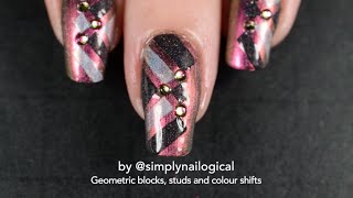 Colour shifting nail art  Nail vinyls geometric blocks and studs [upl. by Eidissac81]