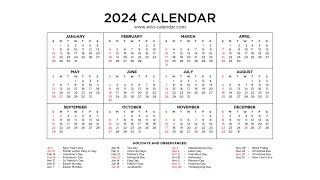 Free Year 2024 Calendar Printable with Holidays  Wiki Calendar [upl. by Nivrem138]