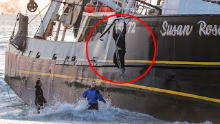 CAUGHT ON CAMERA Fishermen Jump 20Ft into Ocean off SINKING BOAT Manasquan Inlet New Jersey 111723 [upl. by Htebazile412]