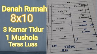 DENAH RUMAH SEDERHANA 8X10  ADA MUSHOLA  3 KAMAR TIDUR  TERAS LUAS [upl. by Aselehc]