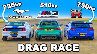 750hp Nissan Skyline R34 GTR v 735hp Mustang v BMW M3 DRAG RACE [upl. by Maris]