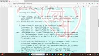 RTI REPLY RCFL MTMECHANICAL CUT OFF MANAGEMENT TRAINEE 2024RASHTRIYA CHEMICAL AND FERTILIZERJSC [upl. by Ellennad]