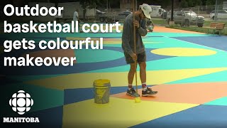 Outdoor basketball court in Winnipegs inner city gets colourful makeover [upl. by Ecnadnak]