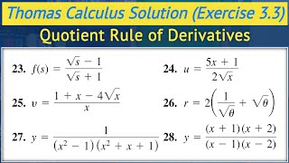 Quotient rule to find dydx urdu hindi  Thomas calculus exercise 33 Q23 to Q28  Lec 23 [upl. by Edak]