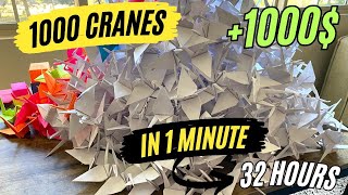 Folding 1000 Origami Cranes in 1 Minute  Revealing 32 Hours of Work and Making a Wish Origami World [upl. by Alfy]