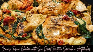 Creamy Tuscan Chicken with Sun Dried Tomatoes Spinach amp Artichokes Recipe  ThymeWithApril [upl. by Novat742]