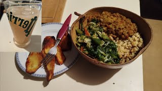 Rice 🍚 and Black eye 👀 peas 🫛 Curry lentil 🫛 peas spinach okra fried sweet potato 🍠 Ginger juice 🫚 [upl. by Stefano424]