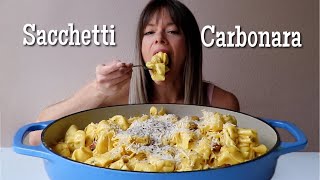 Four Cheese Sacchetti Carbonara MUKBANG  Recipe [upl. by Hekking851]