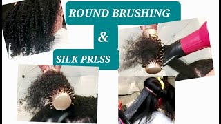 ROUND BRUSHING ON CURLY HAIR AND SILK PRESS saunisexhairtv shellyarellahairtv [upl. by Yrrehs174]