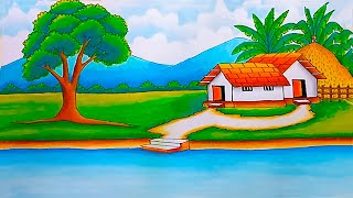 Village scenery painting easy oil pastel  beautiful village landscape scenery drawing  Drawing [upl. by Ennayhc]