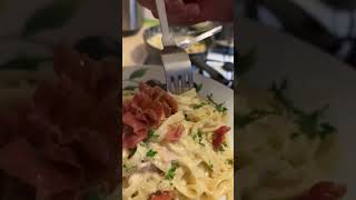 Special tagliatelle carbonara cremosa with ￼￼crispy Parma ham [upl. by Esorlatsyrc]