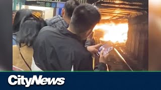 ON CAM Fire erupts on TTC subway tracks at BloorYonge station [upl. by Ardnaxila]