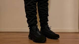 NIKE AIR MAX 95 ESSENTIAL TRIPLE BLACK ON FOOT [upl. by Sirtemed409]