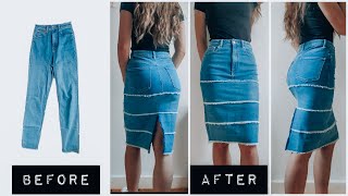 DIY  How to turn old JEANS into a DENIM MIDI SKIRT [upl. by Gibson]