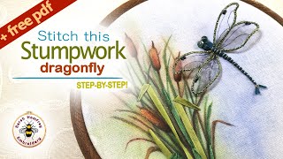 Raised embroiderystumpwork dragonfly project  stitch along with me step by step [upl. by Brear]