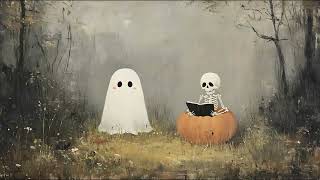 Spooky Ghost and Skeleton Reading a Ghost Story Cozy Halloween Screensaver  Relaxing Fall Tv Art [upl. by Novehc]