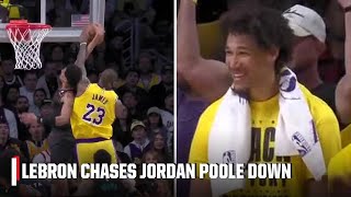 BLOCKED BY JAMES 🗣️ LeBron chases Jordan Poole DOWN for the swat in OT  NBA on ESPN [upl. by Ellard592]