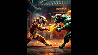 fire tiger vs green fire bull fight in kungfu animal fightingtiger shortsvideo tigerlion [upl. by Tullusus]