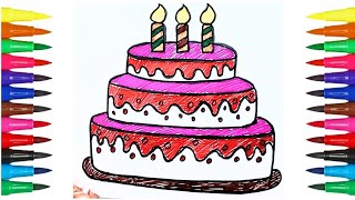 How to draw a birthday cake  step by step easy drawing  drawing and coloring for kids and toddlers [upl. by Brine]