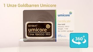 1 Unze Umicore Goldbarren in 360° Ansicht [upl. by Atazroglam152]