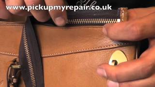 Replacing New zip in a Mulberry bagwwwpickupmyrepaircouk [upl. by Blankenship]