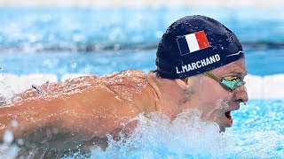 JO 2024  natation  Léon Marchand entame sa moisson dor avec un record sur 400 m 4 nages [upl. by Namrac]