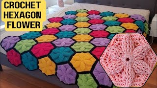 Crochet Flower 🌸Hexagon For Blankets and Bedcovers sara1111 👉step by step Tutorial Beginner [upl. by Jochebed]