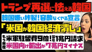 【トランプ再選に怯える韓国】韓国嫌い炸裂！容赦なくやる宣言「米国が韓国経済潰し」もう無理！米軍駐留費9倍、毎年1兆円請求 amp 米国向け輸出が7兆円マイナスに… [upl. by Bigg366]