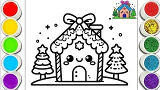 Christmas House With Tree Easy amp Cute Drawing amp Coloring For Kids amp Toddlers [upl. by Lothaire]