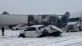 Massive pileup i40 cuervo NM due to blizzard  Amarillo snow storm [upl. by Ellerret153]