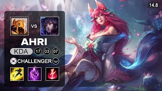 Ahri vs Azir Mid  KR Challenger  Patch 148 Season 14 [upl. by Anilef]