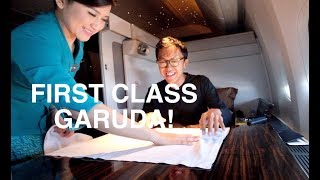 FIRST CLASS GARUDA INDONESIA JAKARTALONDON B777300 REVIEW [upl. by Nelluc]