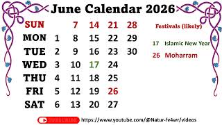 June Calendar 2026 junecalender2026 [upl. by Harlene]