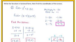 Writing a Quadratic Function in Factored Form amp Finding Zeroes [upl. by Nosyk111]