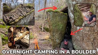 Solo Overnight Lost Hiker in the Woods Shelters Inside of a Boulder [upl. by Airemahs989]