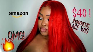 RED AMAZON SYNTHETIC WIG 40  KRYSSMA WIG REVIEW [upl. by Ennaillij]