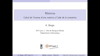 Calcul de linverse dune matrice à laide de la comatrice [upl. by Iclek326]