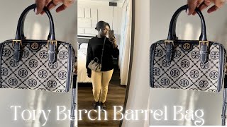 Tory Burch  MINI T MONOGRAM BARREL BAG REVIEW  What Fits [upl. by Rahmann]