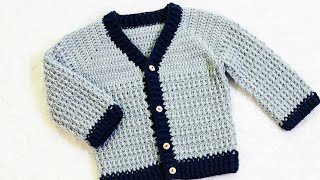 Crochet v neck cardigan sweater for baby boys EASY CROCHET PATTERN various sizes [upl. by Aitra]