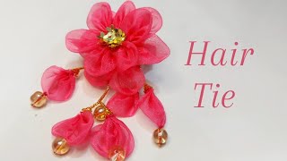 Hair Tie Decor with Organza Flowers and Beads  How to make Hair Tie  Easy Tutorial [upl. by Otrebliw]