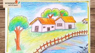 Simple😍 Village scenery drawing  easy hut drawing with color  step by step  scenery drawing [upl. by Raynata122]