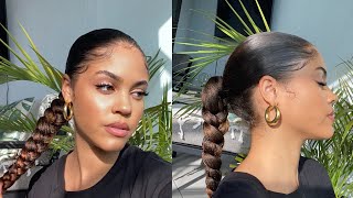 SLEEK BACK LONG PONYTAIL BRAID ON CURLY HAIR EASY BEGINNER FRIENDLY [upl. by Schilling]